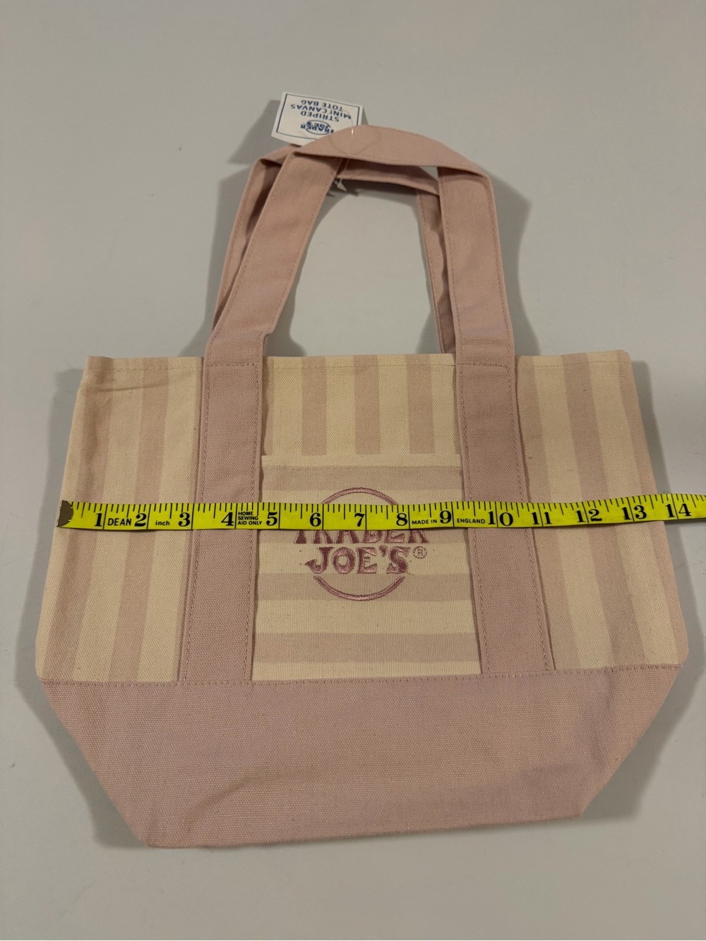 Trader Joe's Pink & Cream Striped Mini Canvas Tote Bag Reusable Shopping Lunch - Picture 3 of 4